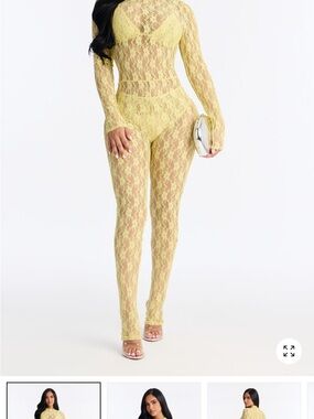 Fashion Nova Yellow Lace Long-Sleeve Skinny Jumpsuit